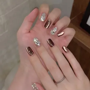 Short square brown and silver glitter press-on nails with luxury diamond rhinestones