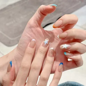Künstliche Nägel Blau Violett Kontrast Stern Punktmuster Design Lange Ovale ABS Harz Abnehmbare Falsche Nägel Für Damen DIY Maniküre