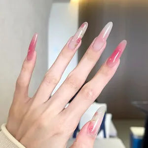 Long Almond Press On Nails Pink Gradient Rose Design With 3D Water Drops Pearl Glossy Reusable False Nails For Women Professional Manicure
