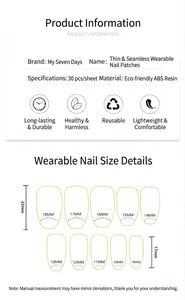 Size chart detail for reusable press-on nails showing width and length in millimeters