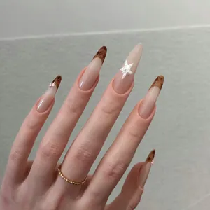 Lange Mandelform Künstliche Nägel Nude Rosa Braun Leopard Französisch Fake Nails Mit 3D Perle Stern Rosa Schleife Für Damen
