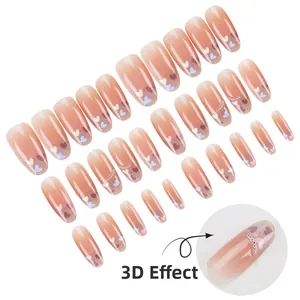24pcs gentle nude gradient heart press-on nails with 3D crystal accents and oval shape
