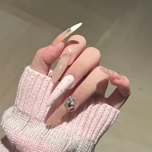 Long Almond Press On Nails Nude Pink Rhinestone Polka Dot Design Luxury Handmade Wearable Fake Nails For Women Jewelry