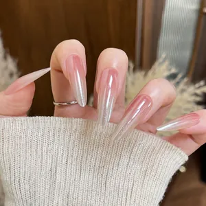 Pink gradient cat-eye stiletto press-on nails with aurora shimmer finish, 30pcs set