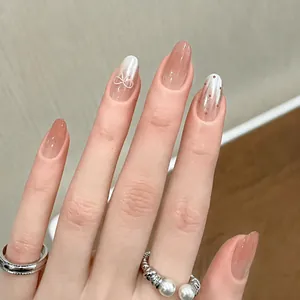 30pcs long almond press-on nails with pink gradient, 3D bow, and cat-eye shimmer