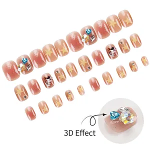 Short press-on nails with yellow stars, 3D rhinestones and silver glitter gradient