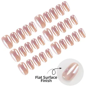 Detailed flat layout of pink gradient cat eye press-on nails with pearl luster finish