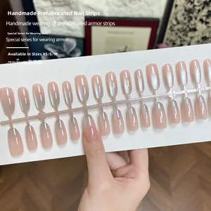 Detail showing pink gradient press-on nails with glitter finish and size options