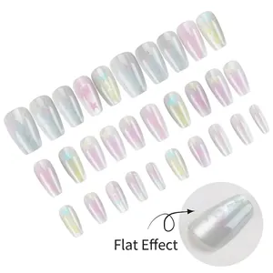 Short trapezoid press-on nails with rainbow cat-eye gradient and star pattern