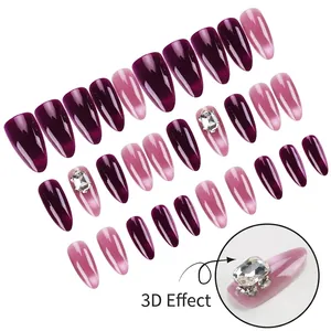 Purple and pink gradient cat eye press-on nails with 3D crystal rhinestone decorations