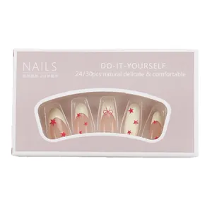 Pink star and bow press-on nails set with oval shape in a clear window box