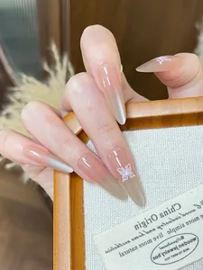 Macro detail of nude pink stiletto press-on nails with cat eye finish and butterfly art