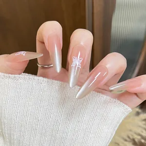 Elegant French Long Stiletto Press On Nails ABS Resin Cat Eye Effect Gradient Butterfly Pattern Nail Art Tips For Women