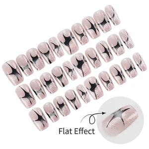 Pink and black punk style coffin press-on nails with silver glitter and star patterns