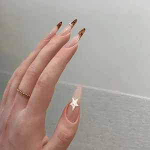 Rosa Mandel-Kunstnägel mit Schildpatt-Spitzen, 3D-Schleife, Stern und Perlenakzenten