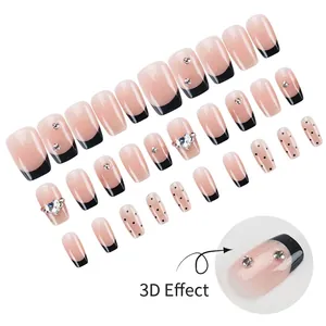 Cat eye press-on nails with black French tips, 3D rhinestones and polka dots pattern