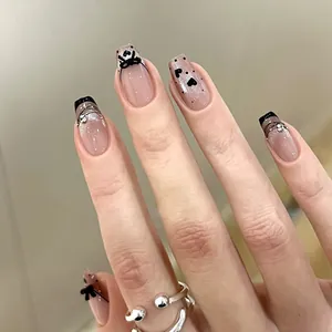 French Black Edge Nude Gradient Press On Nails With Bow Heart Rhinestone Short Coffin False Nails For Women Nail Art DIY