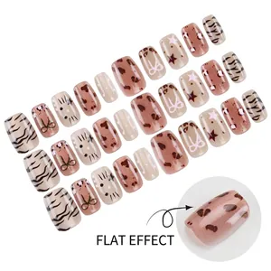 Short leopard print press-on nails with bow and star patterns, 24 pieces set