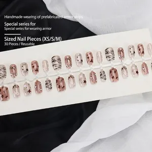 Short leopard print press-on nails with bow and star patterns in 30 pieces set