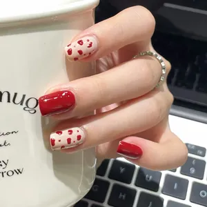 Glossy ABS Resin Press On Nails Red Heart Polka Dot Cow Pattern Short Square Round Fake Nails For Women Valentine Gift