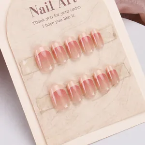 Nude Pink Gradient French Tip Press On Nails With Fine Glitter Short Squoval Handcrafted Reusable Fake Nails DIY Manicure Women
