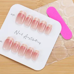 Pink gradient French press-on nails with fine glitter and complete application kit