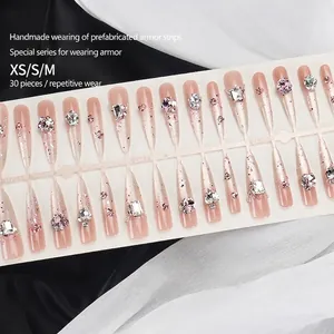 French style nude pink gradient press-on nails with sparkling rhinestones and crystals
