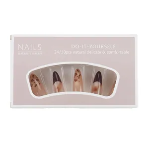 Faux ongles longs dégradés léopard style français avec boîte de présentation rose
