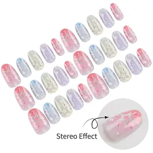 Macaron gradient press-on nails with 3D star glitter and shimmer effect, 24 piece set