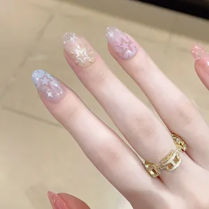 Short macaron gradient press-on nails with sparkling glitter and dreamy star patterns