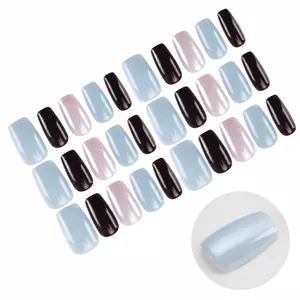 Short Morandi glitter press-on nails set with blue and burgundy contrast colors