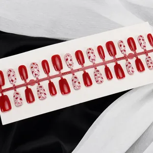 Short red press-on nails with heart leopard print patterns in XS S M 30-piece set