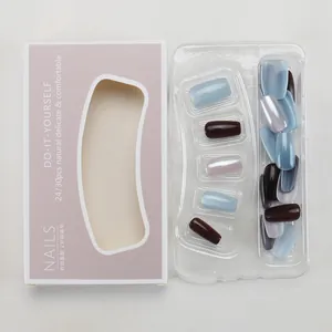 Short press-on nail kit with Morandi blue and pink glitter shades in premium packaging