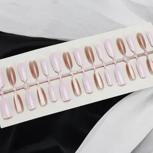 Set of 30 handmade press-on nails with pink and mocha gradient on elegant silk