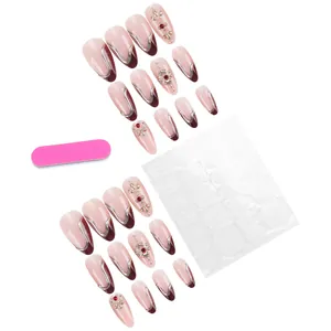 Detail of almond fake nails with nude pink, wine red, and silver 3D embossed lines