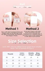 Press-on nails size guide showing measurement methods and dimension chart in mm