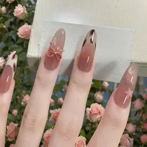 30PCS Französisch Nude Pink Mandel Press-on Nägel mit 3D-Schleifen und Leoparden-Muster