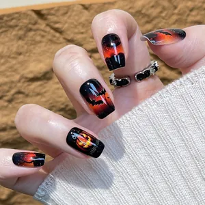 Halloween Press On Nails Short Square Fake Nails Black Orange Gradient Jack-O-Lantern Bat Print Artificial Nails For Women