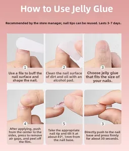 Macro guide showing six easy steps for applying adhesive jelly glue tabs for press-on nails