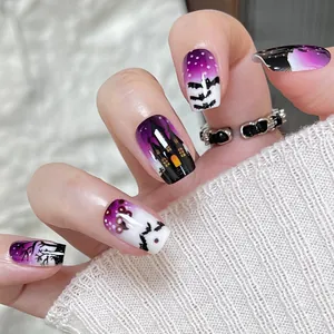 Halloween Press On Nails Purple Gradient Bat Castle Gothic Glossy Wearable False Nails For Women Party Nail Decoration