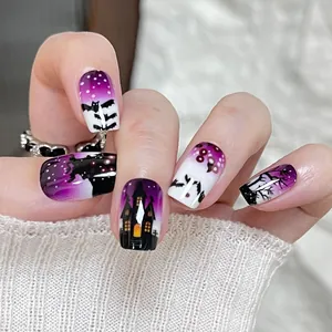 Short square Halloween press-on nails featuring purple gradient with bat and castle designs