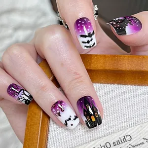 Short press-on nails with Halloween purple black gradient, bats and castle designs