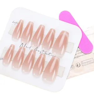 Pink gradient glitter press-on nails set in coffin shape with mini file on display card