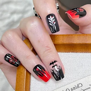 Uñas Postizas Góticas de Halloween Estilo Oscuro Rojo Negro Rosa Murciélago Patrón Cortas Cuadradas Redondas Uñas Postizas Removibles Manicura DIY Mujer