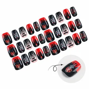 Halloween dark gothic press-on nails with red rose and bat designs in 24-piece set