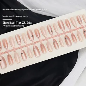 Press-on nails in nude pink with rhinestones and glitter finish, 30 pieces set