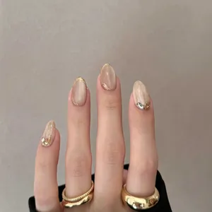 Short Oval Press On Nails Nude Pearlescent Cat Eye French Gold Rim Rhinestone Reusable Artificial Finger Nails For Women DIY Nail Art