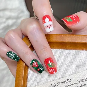 Faux Ongles à Presser de Noël Père Noël Flocon de Neige Rouge Vert Fête Brillant Court Carré Rond Faux Ongles Pour Femmes Décoration de Nail Art