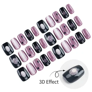 Short purple and black cat-eye press-on nails with star patterns and 3D effects