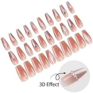 Set of 24 pink cat-eye coffin press-on nails with 3D pearls and rhinestone decorations